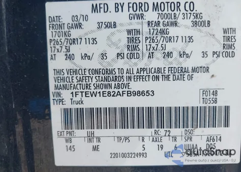 2010 Ford F-150 Xlt из США, поврежденный, VIN 1FTEW1E82AFB98653